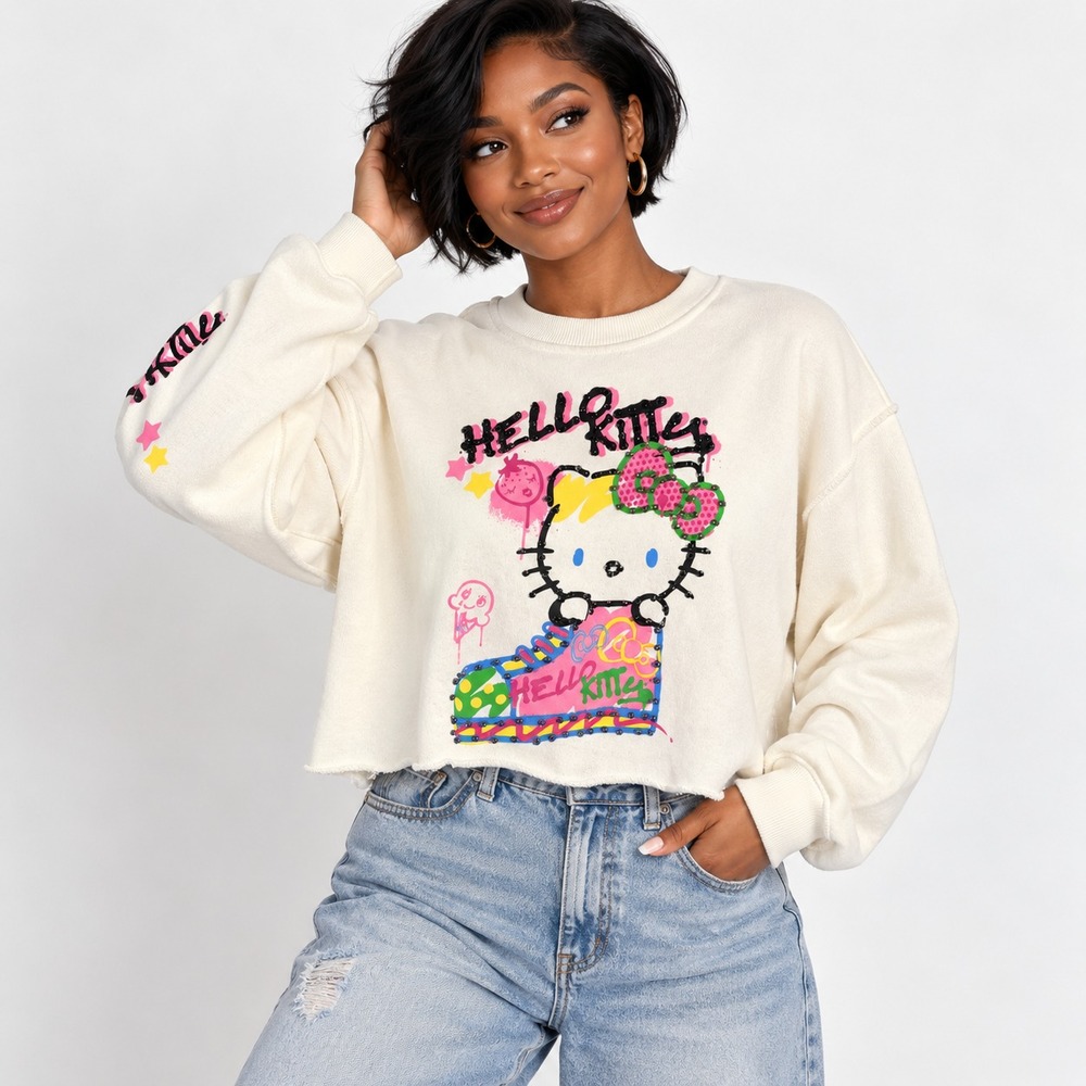 Forever 21 Hello Kitty Sweatshirt Women White Cropped Graphic Cozy Pullover XS